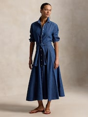 Polo Ralph Lauren Blue Belt Detail Denim Midi Shirt Dress - Image 1 of 7