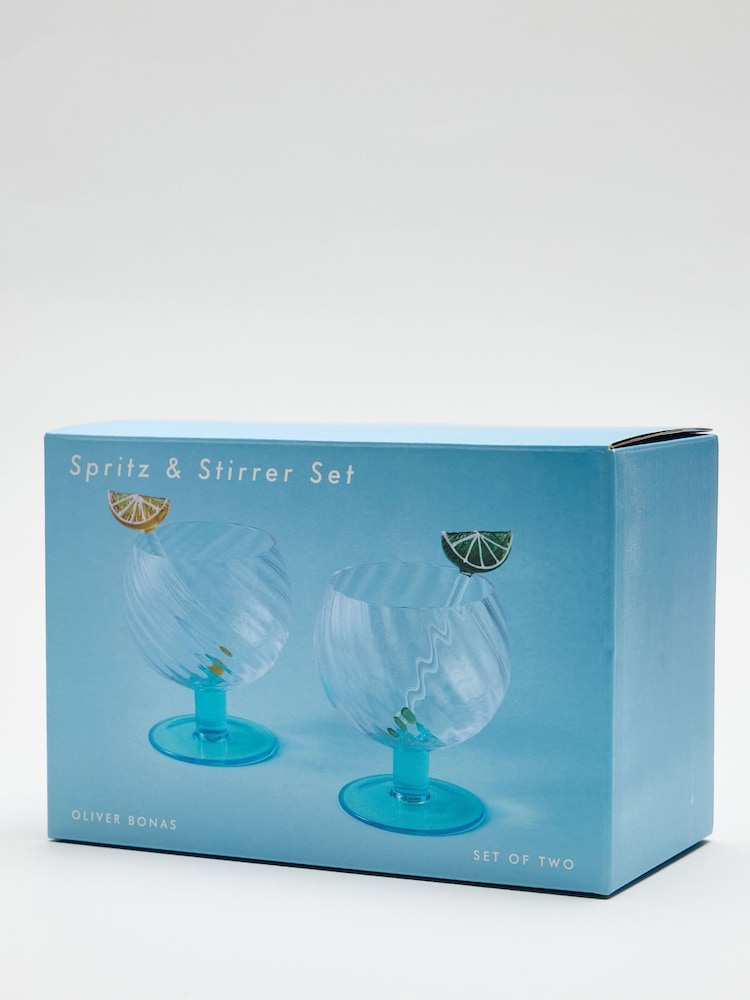 Oliver Bonas Set of 2 Blue Spritz Glasses & Stirrer - Image 6 of 6