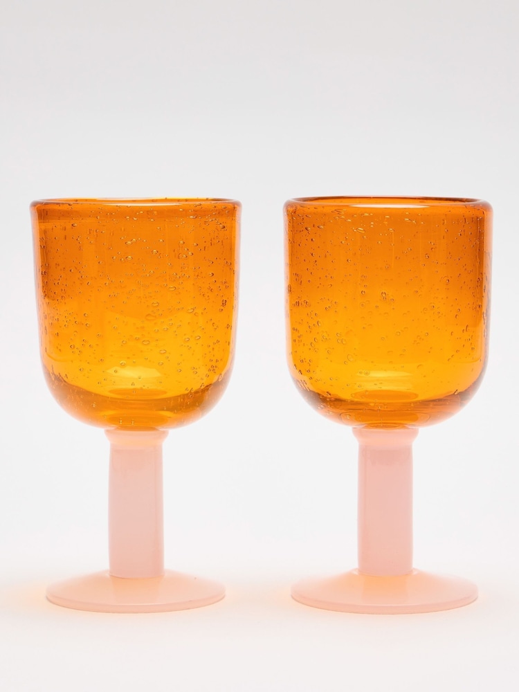 Oliver Bonas Set of 2 Orange Pink Sabina Glass Wine Goblets - Image 1 of 5