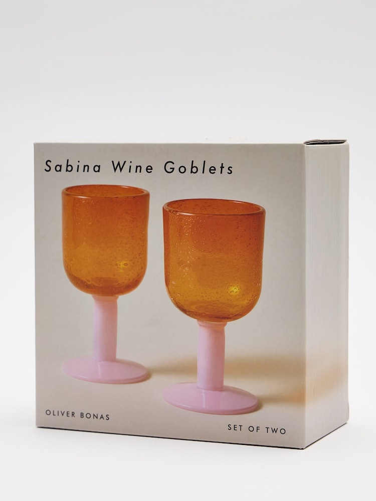 Oliver Bonas Set of 2 Orange Pink Sabina Glass Wine Goblets - Image 5 of 5