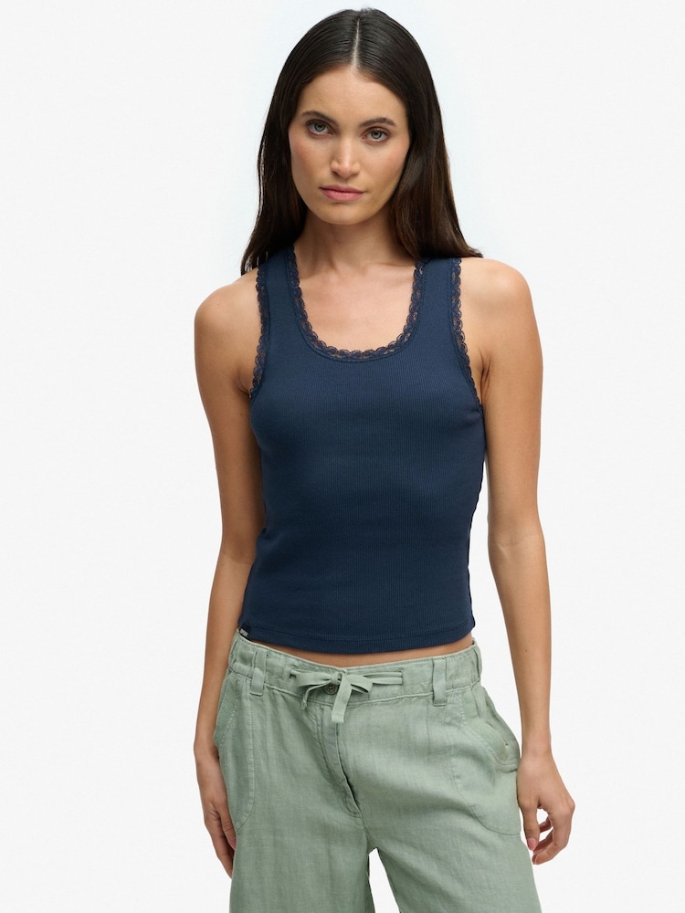 Superdry Blue Vintage Lace Trim Vest - Image 1 of 7 Superdry Blue Vintage Lace Trim Vest - Image 1 of 7