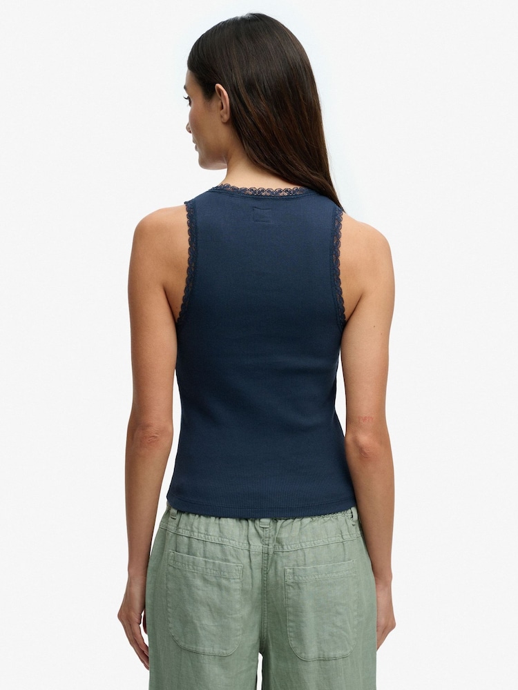 Superdry Blue Vintage Lace Trim Vest - Image 2 of 7 Superdry Blue Vintage Lace Trim Vest - Image 2 of 7