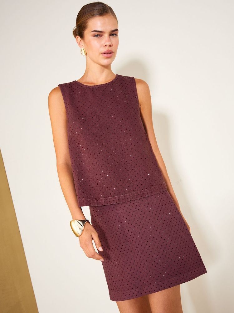 Friends Like These Burgundy Red Premium Embellished A Line Denim Mini Skirt - Image 1 of 6