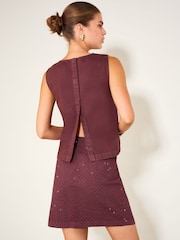 Friends Like These Burgundy Red Premium Embellished A Line Denim Mini Skirt - Image 4 of 6