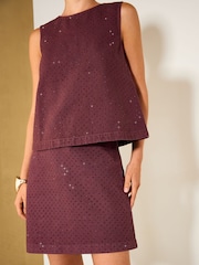 Friends Like These Burgundy Red Premium Embellished A Line Denim Mini Skirt - Image 5 of 6