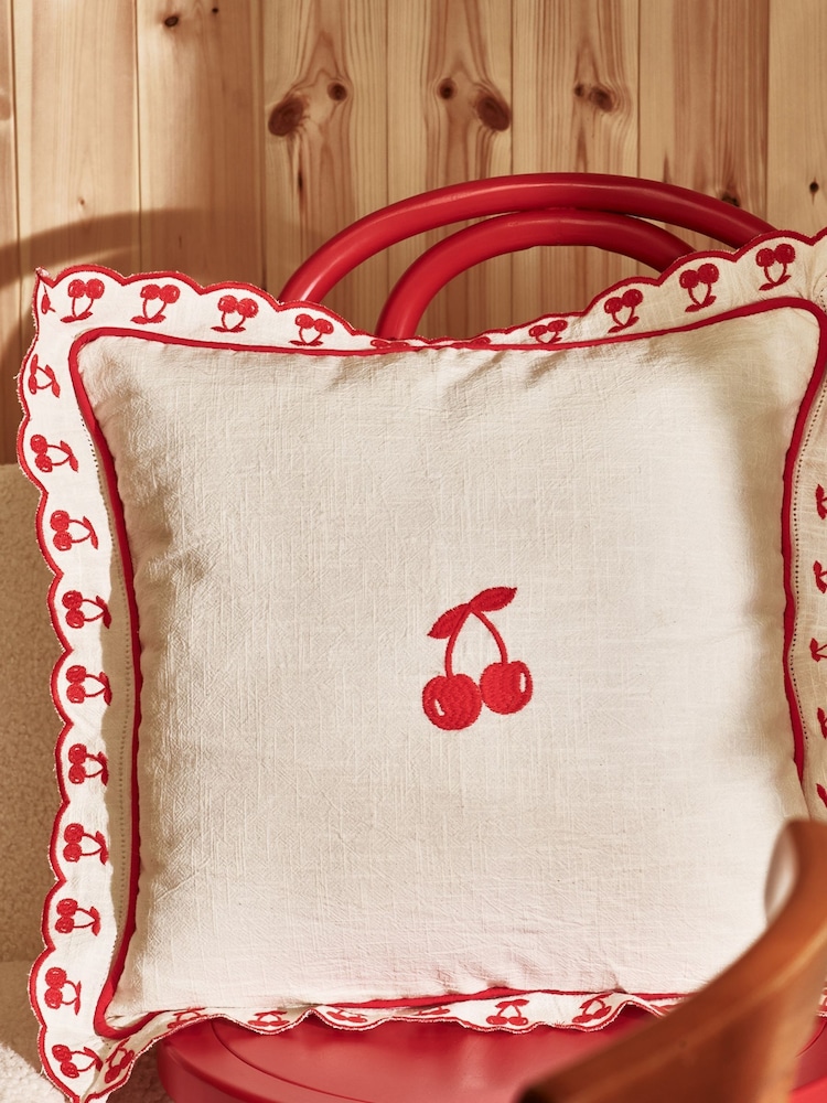 Oliver Bonas Cream Red Cherry Cushion Cover - Image 1 of 5