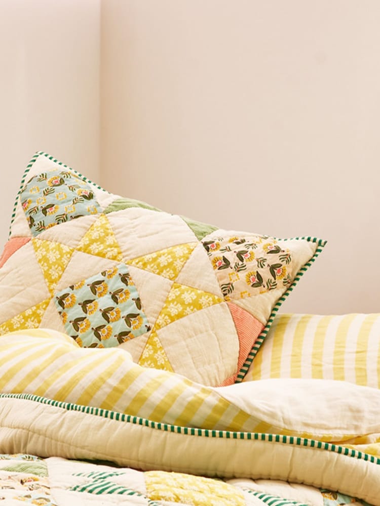 Oliver Bonas Green Pink Yellow Patchwork Pastel Multicolour Velvet Cushion Cover - Image 1 of 6