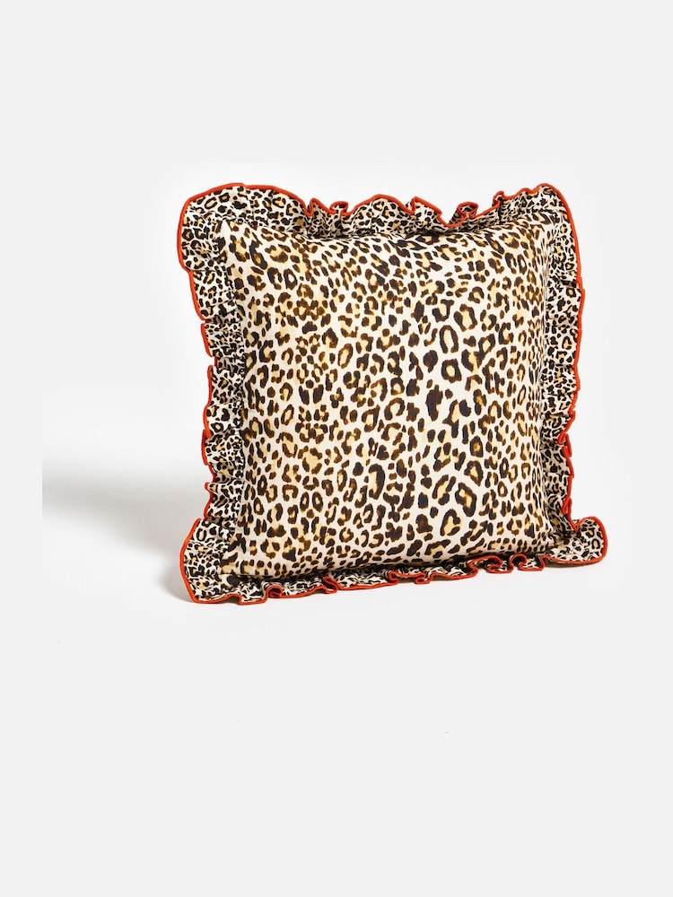 Oliver Bonas Brown Red Ruffle Leopard Print Cushion Cover - Image 2 of 5