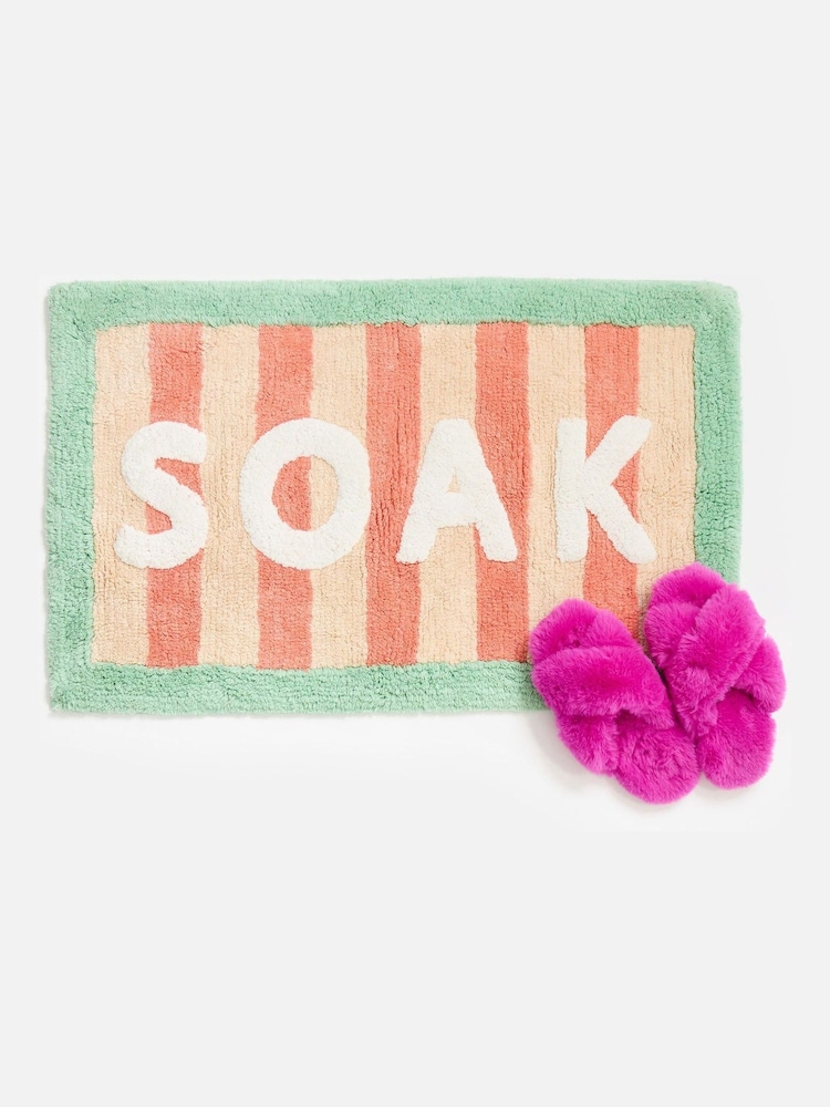 Oliver Bonas Green  Pink Bordered Striped Bath Mat - Image 1 of 5