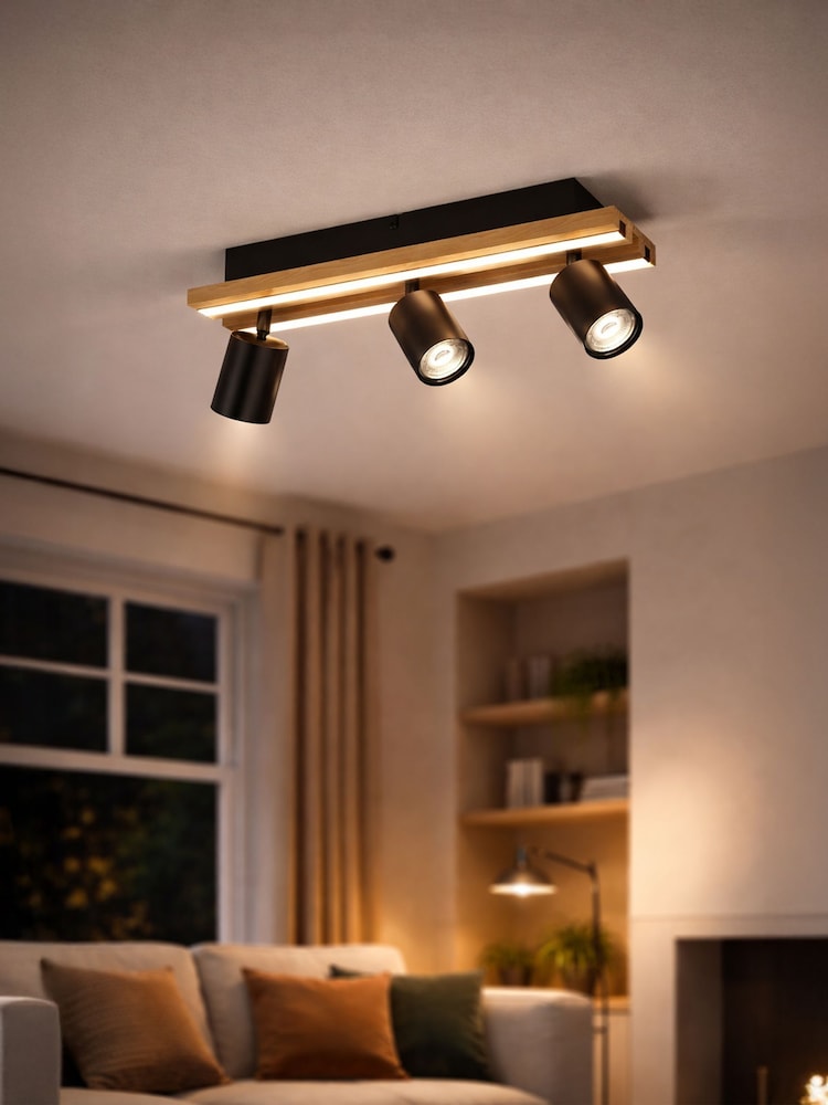 Eglo Black Brown Gesteira Steel & Wood LED 3-Light Spotlight - Image 1 of 5 Eglo Black Brown Gesteira Steel & Wood LED 3-Light Spotlight - Image 1 of 5