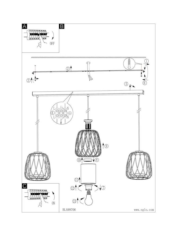 Eglo Black Floresta Wireframe Steel & Glass Triple Pendant - Image 5 of 5 Eglo Black Floresta Wireframe Steel & Glass Triple Pendant - Image 5 of 5
