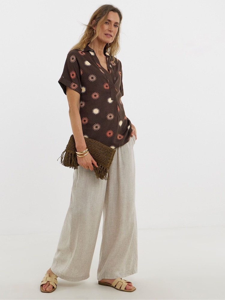 JD Williams Brown Printed Linen Mix Collar Tunic Top - Image 1 of 4