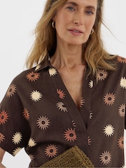 JD Williams Brown Printed Linen Mix Collar Tunic Top - Image 3 of 4