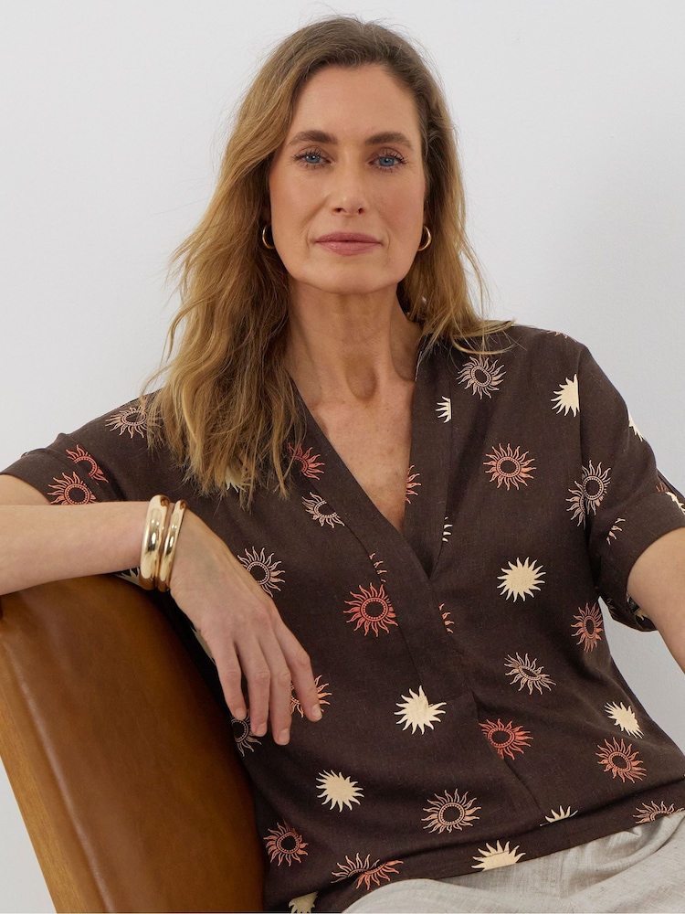 JD Williams Brown Printed Linen Mix Collar Tunic Top - Image 4 of 4