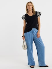 JD Williams Black V-Neck Embroidered Sleeve T-Shirt - Image 1 of 4