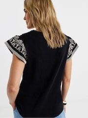 JD Williams Black V-Neck Embroidered Sleeve T-Shirt - Image 2 of 4