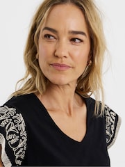 JD Williams Black V-Neck Embroidered Sleeve T-Shirt - Image 3 of 4