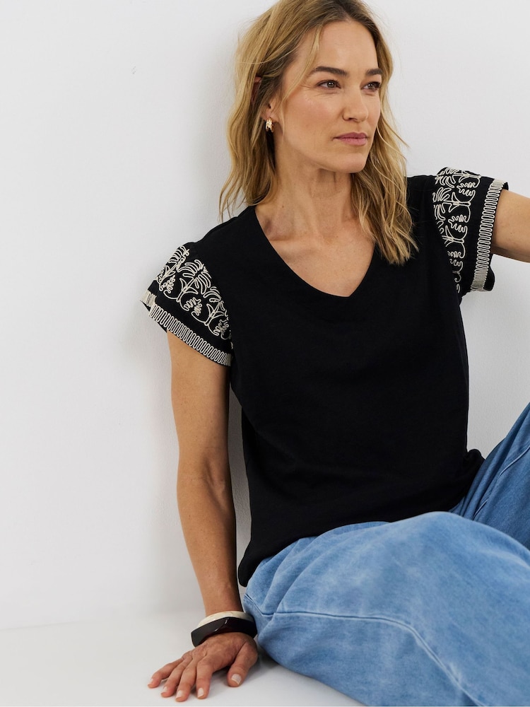 JD Williams Black V-Neck Embroidered Sleeve T-Shirt - Image 4 of 4