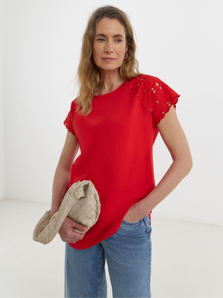 JD Williams Red Broderie Shoulder Longline Top - Image 1 of 4 JD Williams Red Broderie Shoulder Longline Top - Image 1 of 4