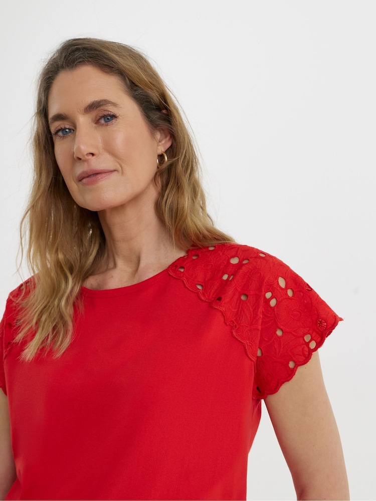 JD Williams Red Broderie Shoulder Longline Top - Image 4 of 4 JD Williams Red Broderie Shoulder Longline Top - Image 4 of 4