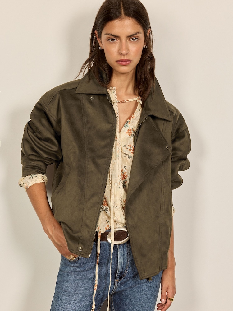 BHOEM Olive Green Asymmetrical Faux Suede Jacket - Image 1 of 5