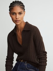 Grape Burgundy - Reiss Millie Wool-Cashmere Cable-Knit Collared Jumper - Image 1 of 7
