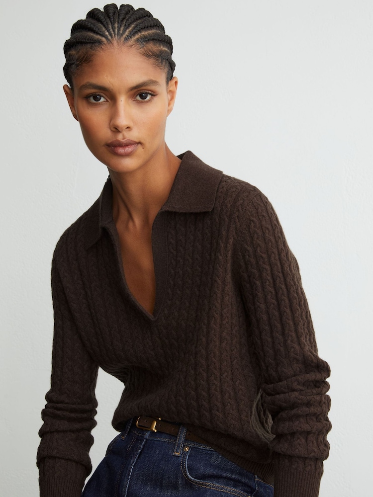 Grape Burgundy - Reiss Millie Wool-Cashmere Cable-Knit Collared Jumper - Image 1 of 7