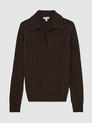 Grape Burgundy - Reiss Millie Wool-Cashmere Cable-Knit Collared Jumper - Image 2 of 7