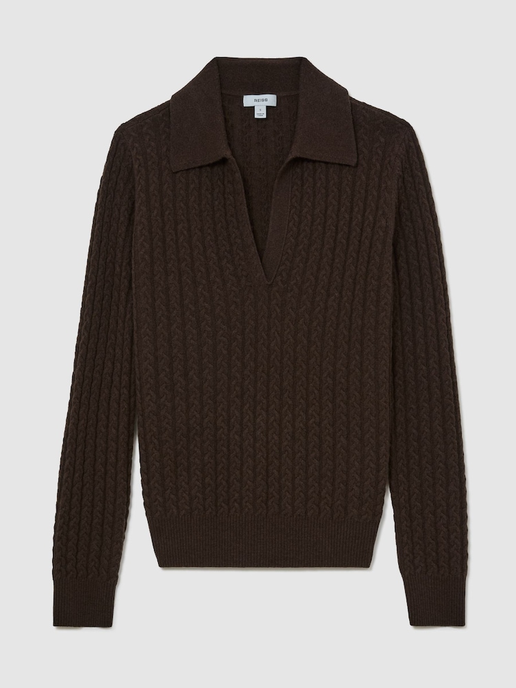 Grape Burgundy - Reiss Millie Wool-Cashmere Cable-Knit Collared Jumper - Image 2 of 7