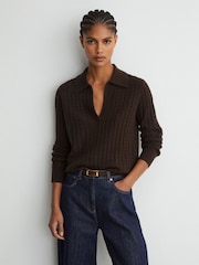 Grape Burgundy - Reiss Millie Wool-Cashmere Cable-Knit Collared Jumper - Image 3 of 7