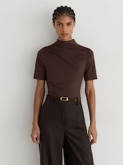 Reiss Grape Burgundy Tulia Cotton-Blend High-Neck Draped Top - Image 3 of 5