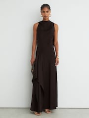Reiss Grape Burgundy Sabine Satin Cape-Detail Maxi Dress - Image 3 of 7
