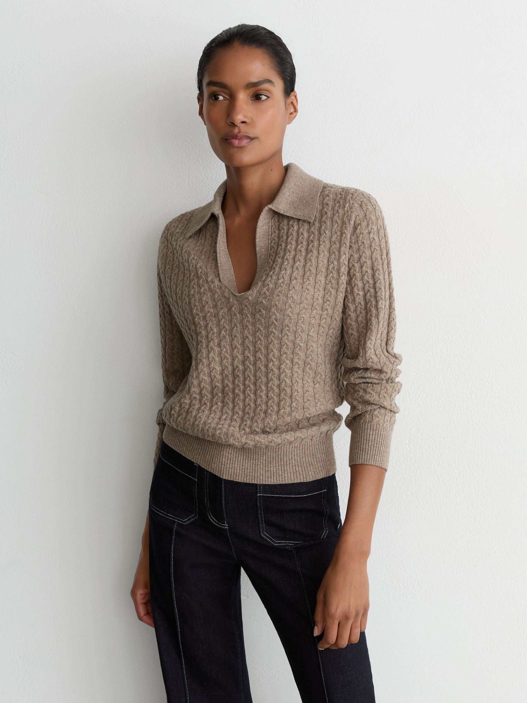 Reiss Neutral Wool-cashmere Cable-knit Collared Jumper