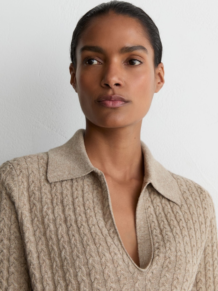 Reiss Neutral Millie Wool-Cashmere Cable-Knit Collared Jumper - Image 1 of 6 Reiss Neutral Millie Wool-Cashmere Cable-Knit Collared Jumper - Image 1 of 6