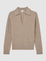 Reiss Neutral Millie Wool-Cashmere Cable-Knit Collared Jumper - Image 2 of 6
