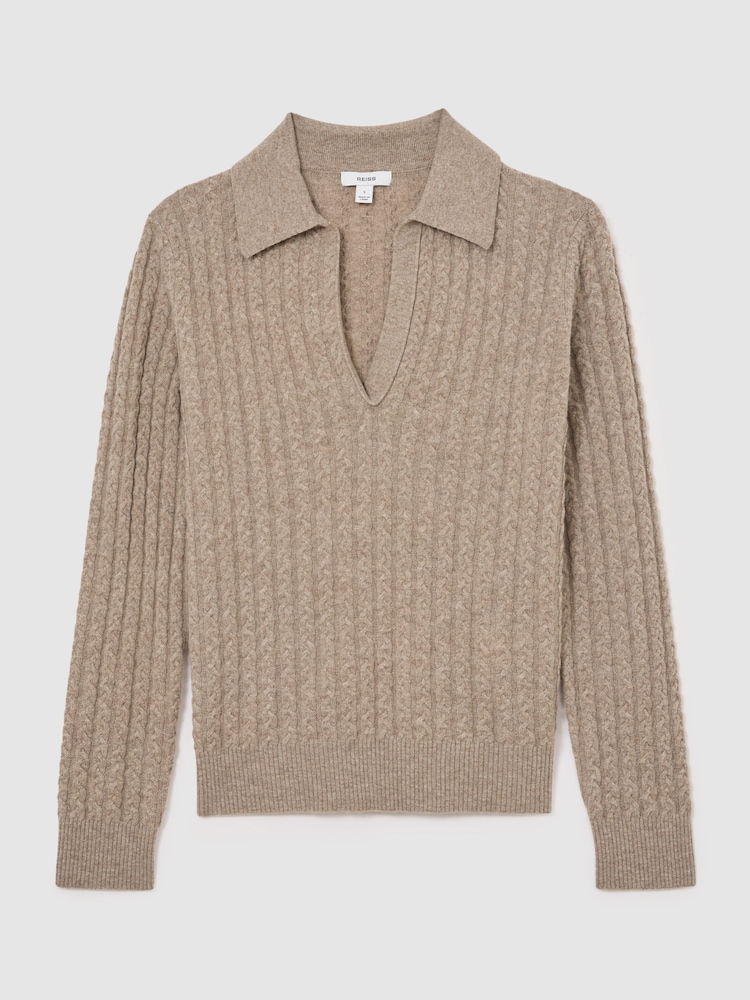 Reiss Neutral Millie Wool-Cashmere Cable-Knit Collared Jumper - Image 2 of 6 Reiss Neutral Millie Wool-Cashmere Cable-Knit Collared Jumper - Image 2 of 6