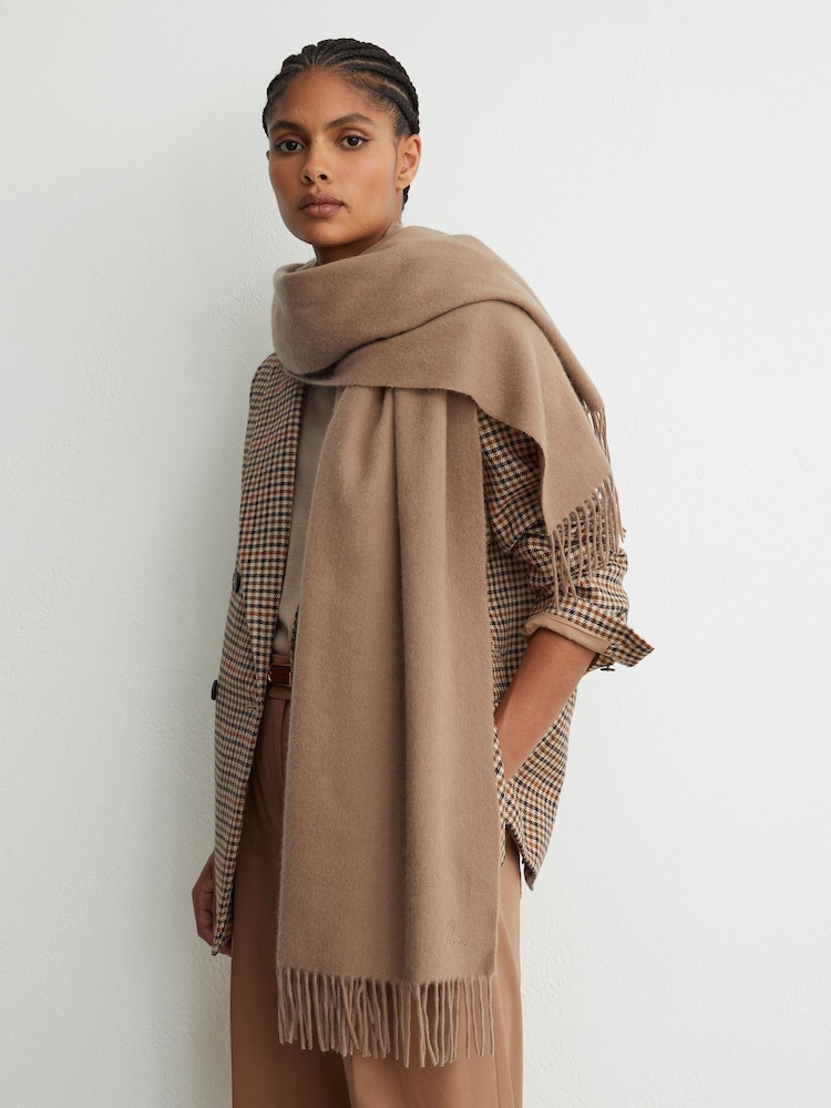 Reiss Camel Picton Wool and Cashmere Scarf - Image 1 of 5 Reiss Camel Picton Wool and Cashmere Scarf - Image 1 of 5