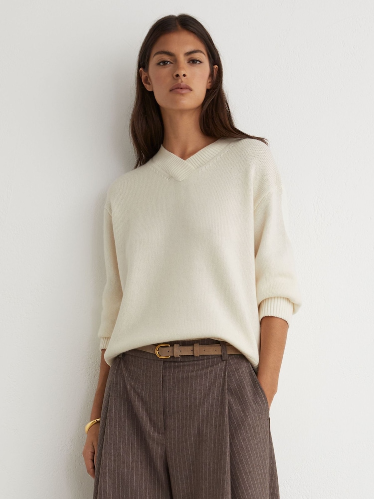 Reiss Ivory Mari Wool-Cashmere V-Neck Jumper - Image 1 of 6 Reiss Ivory Mari Wool-Cashmere V-Neck Jumper - Image 1 of 6