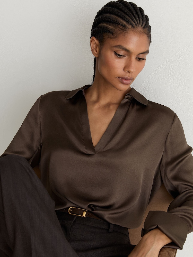 Reiss Mocha Brown Marina Petite Silk Open-Collar Blouse - Image 1 of 7 Reiss Mocha Brown Marina Petite Silk Open-Collar Blouse - Image 1 of 7
