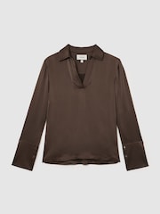 Reiss Mocha Brown Marina Petite Silk Open-Collar Blouse - Image 2 of 7