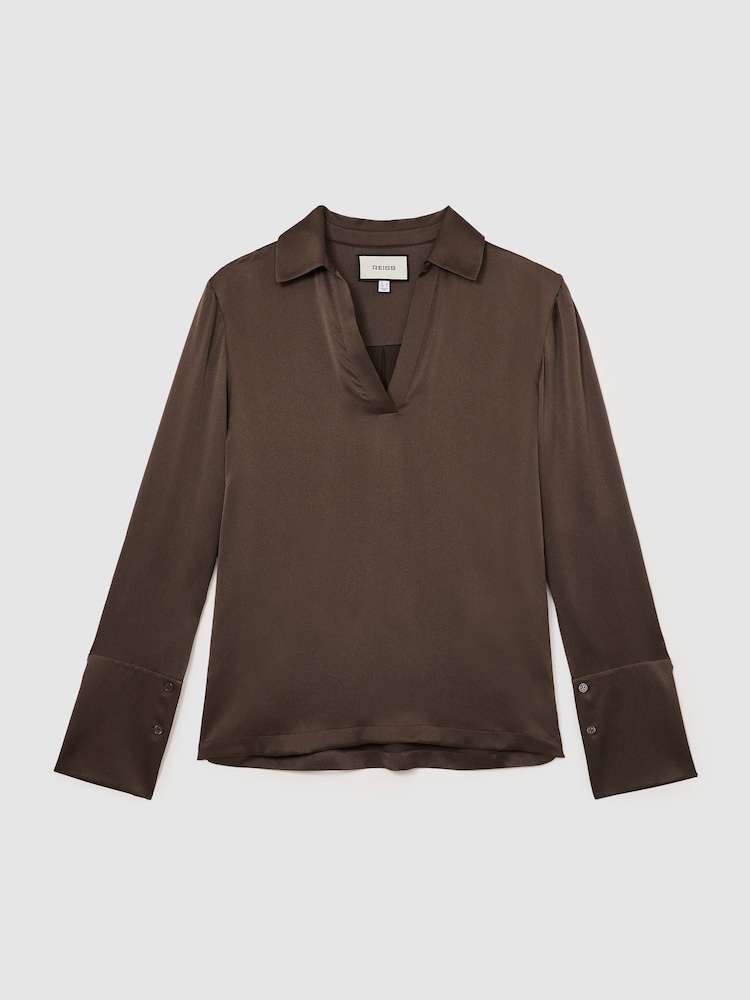 Reiss Mocha Brown Marina Petite Silk Open-Collar Blouse - Image 2 of 7 Reiss Mocha Brown Marina Petite Silk Open-Collar Blouse - Image 2 of 7