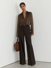 Reiss Mocha Brown Marina Petite Silk Open-Collar Blouse - Image 3 of 7