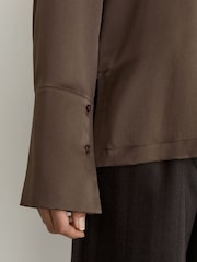 Reiss Mocha Brown Marina Petite Silk Open-Collar Blouse - Image 4 of 7