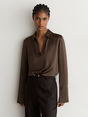 Reiss Mocha Brown Marina Petite Silk Open-Collar Blouse - Image 5 of 7