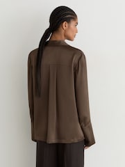 Reiss Mocha Brown Marina Petite Silk Open-Collar Blouse - Image 6 of 7