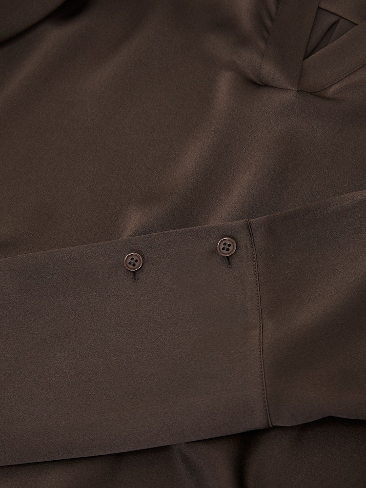 Reiss Mocha Brown Marina Petite Silk Open-Collar Blouse - Image 7 of 7 Reiss Mocha Brown Marina Petite Silk Open-Collar Blouse - Image 7 of 7