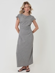 Threadbare Black Gingham Ruched Midi Dress with Shoulder Tie Details - Image 1 of 4