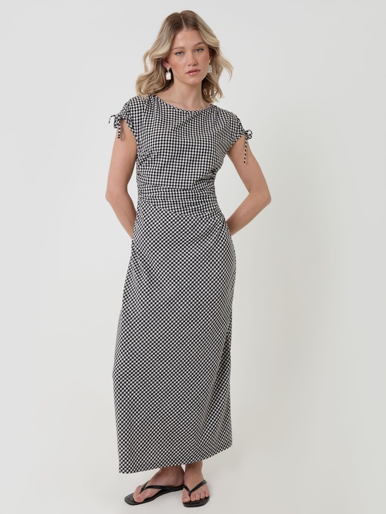 Threadbare Black Gingham Ruched Midi Dress with Shoulder Tie Details - Image 1 of 4 Threadbare Black Gingham Ruched Midi Dress with Shoulder Tie Details - Image 1 of 4