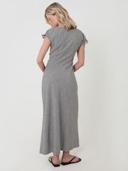 Threadbare Black Gingham Ruched Midi Dress with Shoulder Tie Details - Image 2 of 4