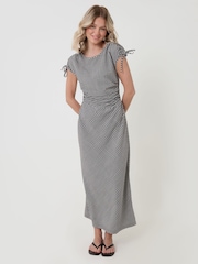 Threadbare Black Gingham Ruched Midi Dress with Shoulder Tie Details - Image 3 of 4